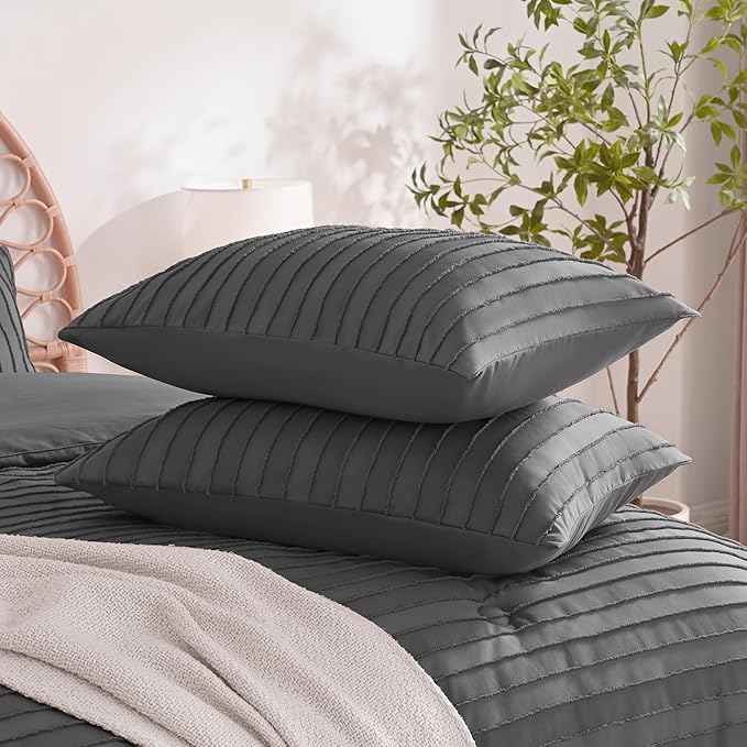 JELLYMONI Pillowcases King Size Dark Grey 2 Pack Boho Striped Bed Pillow Covers 20x36in Polyester Envelope Pillow Shams Tufted Bohemian Textured (Pillows are not Included)