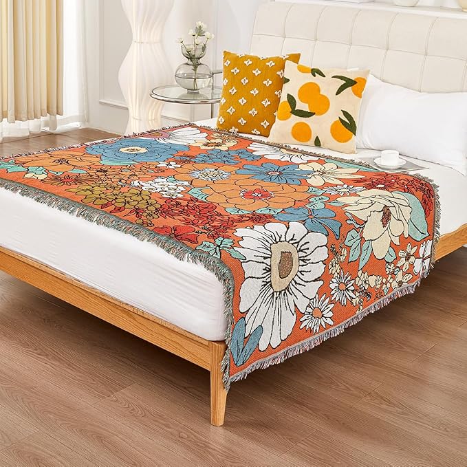 Erke Chair Recliner Cover Boho Throw Blanket Hippie Living Room Decor Wall Tapestry Outdoor Picnic Camping Rug Mattress Beach Towel Sofa Furniture Slipcover Bohemian 50”x70” Orange Florals