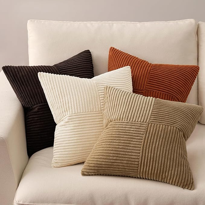 MIULEE Brown Beige Throw Pillow Covers 16x16 Inch Set of 4 Boho Farmhouse Cushion Cases for Livingroom Couch Bed Soft Corduroy Pillow Cases with Invisible Zipper Home Decor