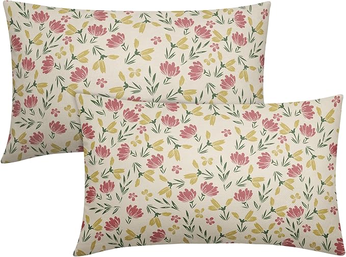 Green Pink Yellow Floral Pillow Covers 12x20 Set of 2 Vintage Rustic Old Style Cute Small Flower Print Rectangle Decorative Outdoor Pillowcases Farmhouse Throw Cushion Case Decor for Couch Sofa Bed
