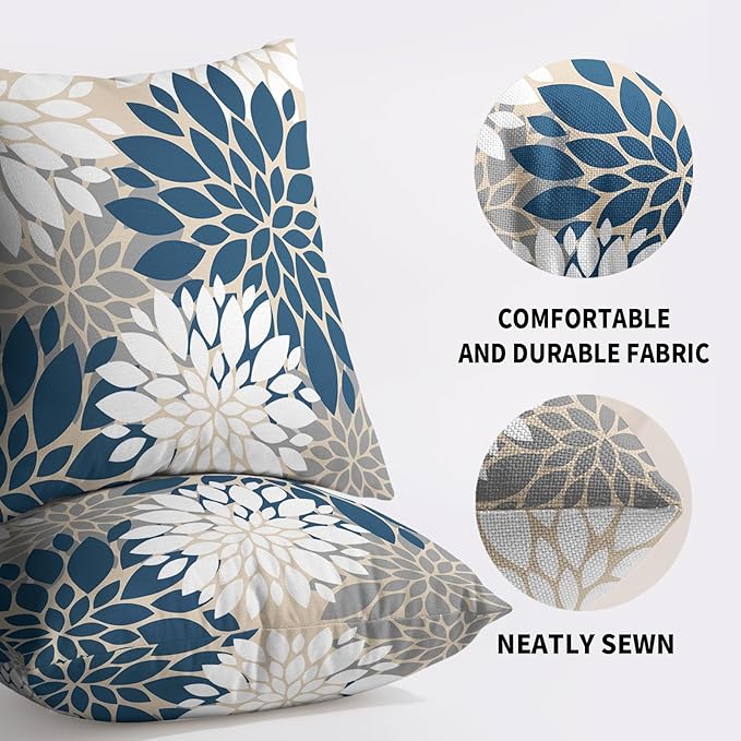 Blue White Grey Gray Pillow Covers 20X20 Inch Set of 2, Summer Modern Geometry Dahlia Floral Print Decorative Throw Pillow Covers Outdoor Farmhouse Cushion Case for Home Couch Sofa Bed Decor