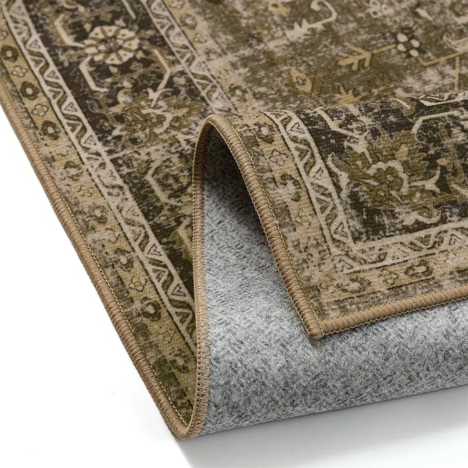 Hallway Runner Rug 2x5 Washable Brown Vintage Distressed Runner Oriental Soft Thin Indoor Carpet Non Slip Low Pile Throw Rug for Kitchen Bedroom Laundry Bedside Entryway