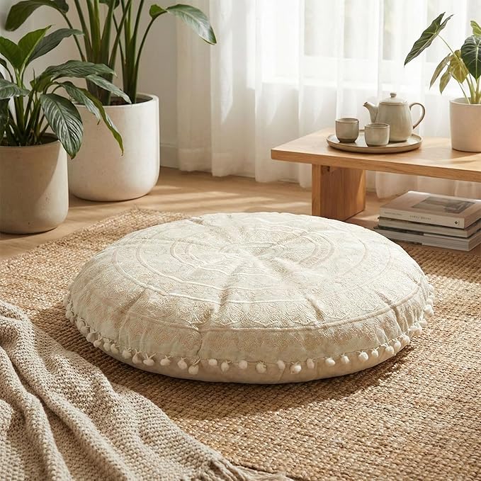 Mandala Life ART Bohemian Floor Cushion Cover –24 inches - Room Décor Decorative Round Pillow Case for Meditation, Yoga, and Boho Chic- Seating Area