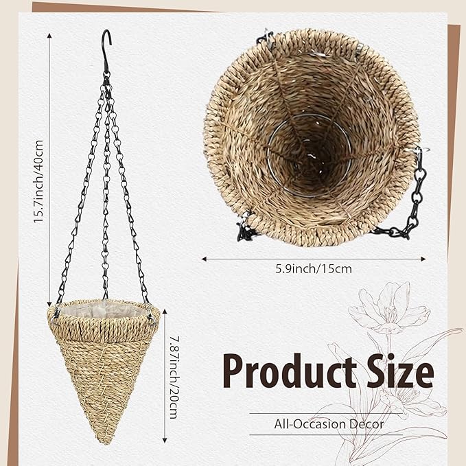 2 Pcs Hanging Plant Flower Basket for Outdoor Spring Decoration, 7.87 Inches Black Iron Chain Wicker Woven Conical Artificial Flower Hanging Basket, Plants Not Included (Brown)