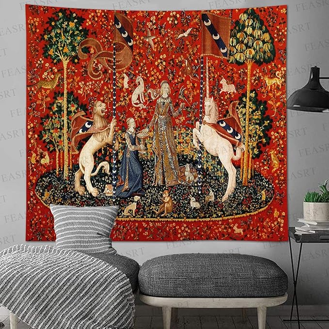 FEASRT European Medieval Royal Tapestry - Maiden and Unicorn, 90x84 Inches Soft Flannelette, for Decorative Wall Art Collection