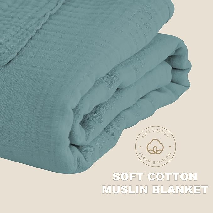 Cosy Family 100% Cotton Muslin Bed Blanket - Breathable and Lightweight Gauze Boho Blanket for Spring, Green, 80x90 Inches