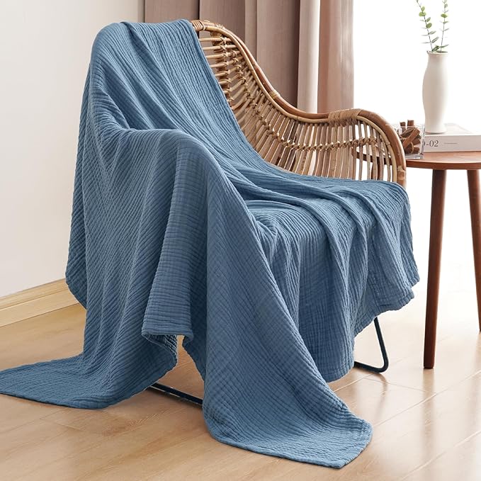 PHF 100% Cotton Muslin Blanket Twin XL Size 66"x90", 4-Layer Lightweight Gauze Throw, Breathable Cloud-Soft Minimalist Blanket for Bed, Couch, Camping & Baby, Denim Blue, Ideal Gift