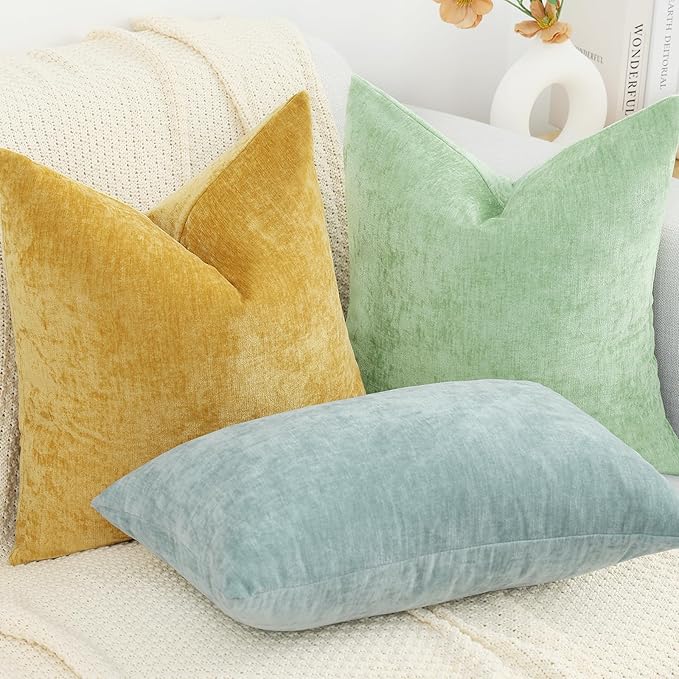 decorUhome Chenille Mineral Yellow Spring Euro Sham Throw Pillow Covers 22x22 Inch Set of 2, Decorative Soft Couch Pillow Covers Solid Dyed Accent Farmhouse Neutral Square Pillow Cases for Sofa