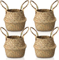 Qunclay 4 Pcs Woven Seagrass Baskets Belly Basket Folding Boho Natural Plant Pot with Handles Round Decorative Wicker Large Indoor Planter for Home Outdoor Tree Planters Decor (Xs,7.9''dx6.3''h)