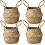 Qunclay 4 Pcs Woven Seagrass Baskets Belly Basket Folding Boho Natural Plant Pot with Handles Round Decorative Wicker Large Indoor Planter for Home Outdoor Tree Planters Decor (Xs,7.9''dx6.3''h)