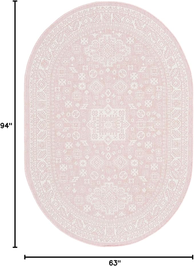 Rugs.com Outdoor Aztec Collection Rug – 5' x 8' Oval Pink Flatweave Rug Perfect for Living Rooms, Large Dining Rooms, Open Floorplans