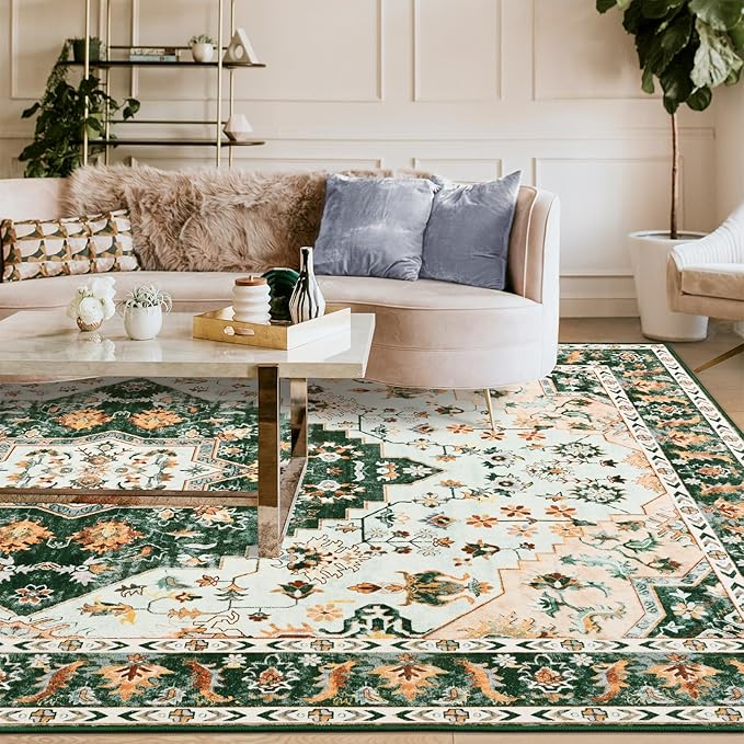 Amearea Vintage Design Area Rugs for Living Room, 6x9 Machine Washable Floral Collection Traditional Bedroom Rug, Low Pile Cute Kids Room Print Carpet, No Slip Office Kitchen Home Decor, Green
