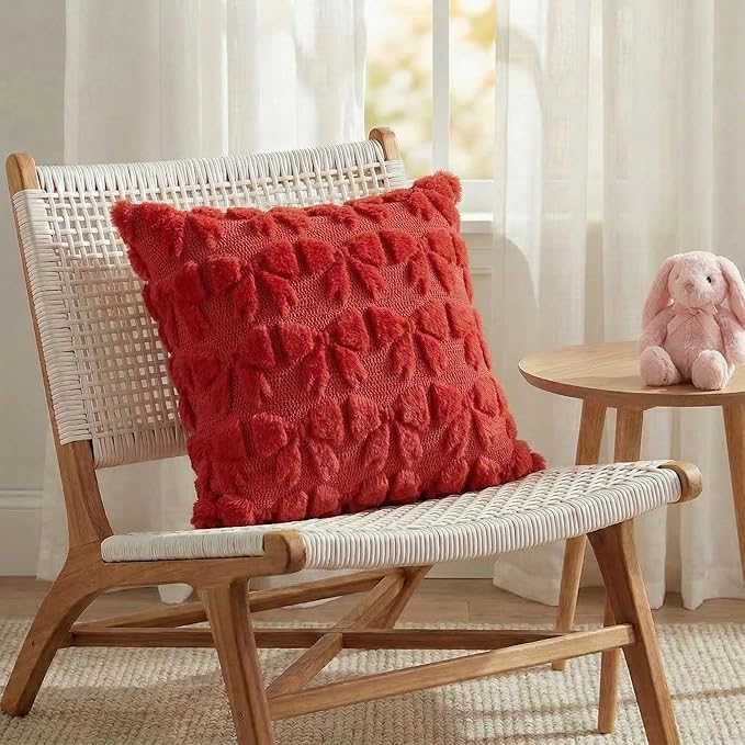 AVOIN colorlife Red Spring Bow Throw Pillow Covers Set of 2, 18 x 18 Inch Coquette Aesthetic Room Decor Soft Plush Faux Fur Cushion Case for Girls Room