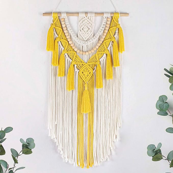 HVEST Yellow Macrame Wall Hanging Boho Wall Decor Handmade Woven Tapestry for Bedroom Living Room Dorm Nursery Bathroom Home Modern Decor Artwork, 29.9L X 15.7W inches