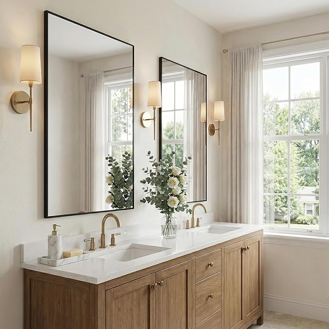 24''x36'' Matte Black Bathroom Mirror, Metal Framed Vanity Mirror for Wall Over Sink, Modern Farmhouse Rectangular Decor, Flush Mount, Vertical/Horizontal