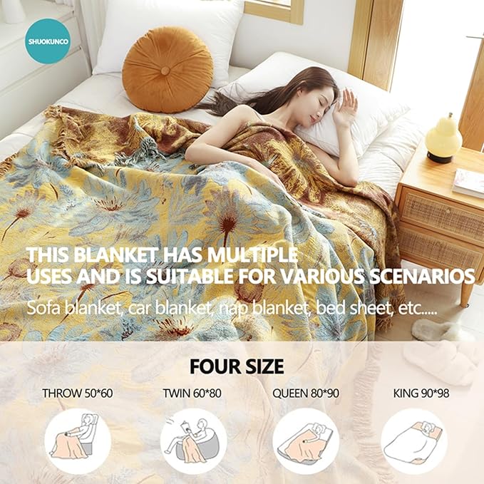 Boho Cotton Throw Blankets for Bed Couch, 100% Soft Cozy Cotton Blanket Rustic Quilt 60"x80", Reversible Muslin Farmhouse Blankets for Armchair,Picnic,Sofa,Couch