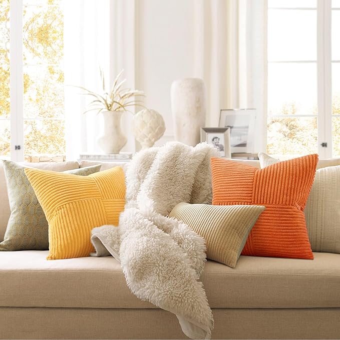 Topfinel Fall Burnt Orange Decorative Throw Pillows Covers 22x22 Inch Set of 4,Corduroy Square Pillow Case,Western Farmhouse Cushion Cover for Couch Sofa Bedroom(Terracotta,Rust,Yellow)