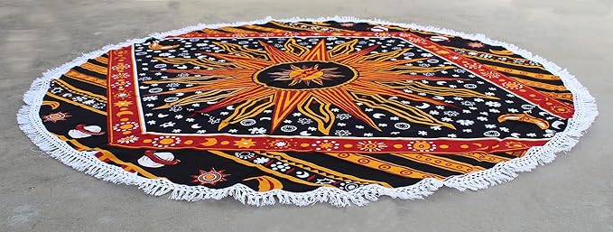 Round Beach Tapestry Turquoise Mandala Throw/Boho Hippie Beach Blanket Roundie/Indian Cotton Bohemian Large Round Table Cloth-Home Decor/Yoga Mat Meditation Picnic Rug (42", Yellow)