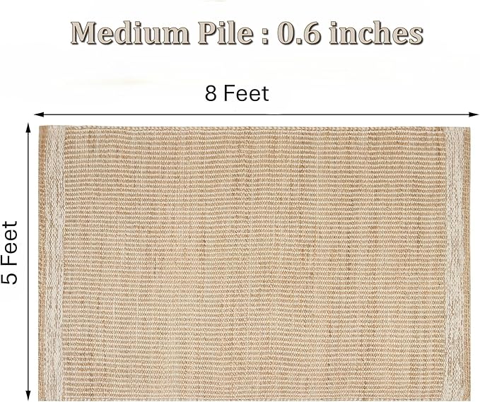 5' x 8' Jute & Wool Area Rug Handwoven Mini Check Pattern with 4-Inch Border – Natural Farmhouse Living Room, Dining & Bedroom Rug, Neutral Flatweave Indoor Décor (5' x 8')