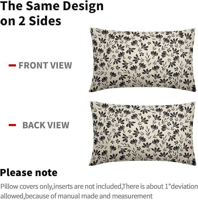 Black Floral Pillow Covers 12x20 Set of 2 Vintage Rustic Old Style Cute Small FlowerBlack Cream Print Decorative Outdoor Pillowcases Farmhouse Throw Cushion Case Decor for Couch Sofa Bed