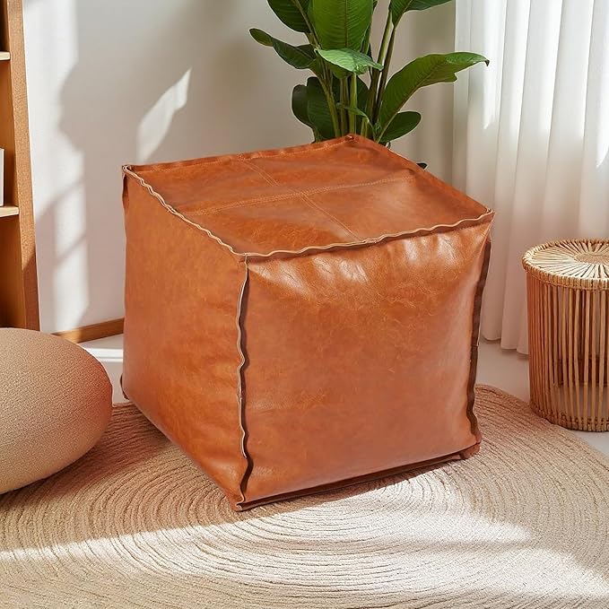 Unstuffed Pouf Ottoman Cover – Durable Faux Leather, Scratch-Resistant & Easy to Clean – Modern Square Pouf Cover with Storage and Functionality, Ideal for Apartment Living