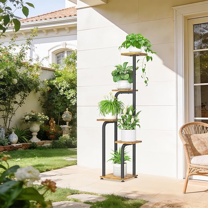 iDavosic.ly Tall Plant Stand Indoor, 4 Tier Corner Multiple Flower Holder Shelf with Wooden Trays, Space Saving Display Rack for Living Room Balcony Patio Porch Outdoor | Black & Brown