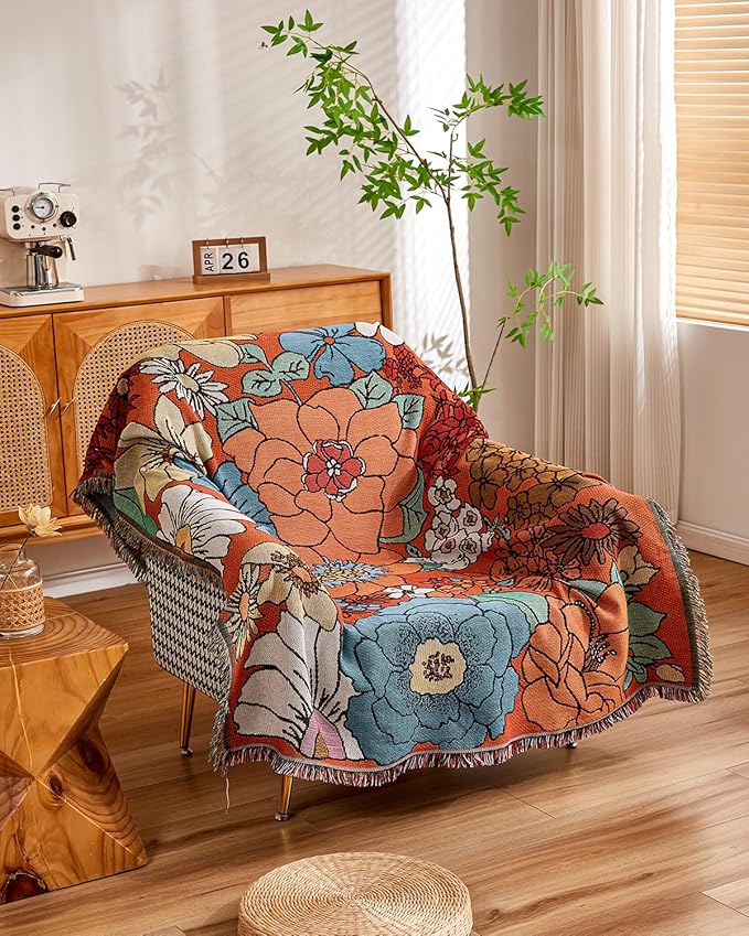 Erke Chair Recliner Cover Boho Throw Blanket Hippie Living Room Decor Wall Tapestry Outdoor Picnic Camping Rug Mattress Beach Towel Sofa Furniture Slipcover Bohemian 50”x70” Orange Florals