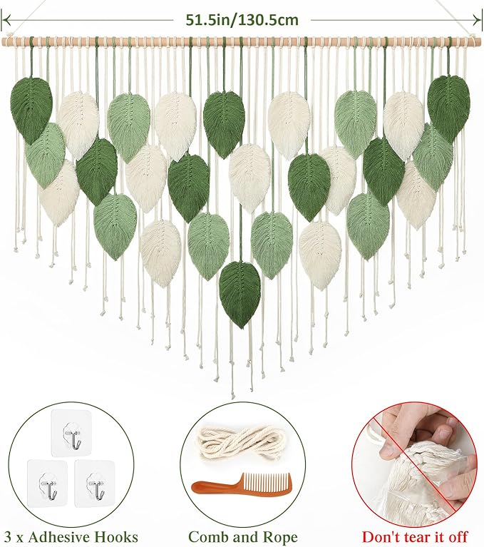 Weldomcor Large Macrame Wall Hanging, Boho Leaves Macrame Tapestry Wall Decor Handmade Woven Hanging Decor Chic Bohemian Wall Art Home Decoration for Bedroom Living Room Nursery Office 51.5"W x 33.5"L