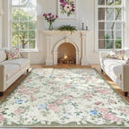 Lahome Vintage Floral Area Rugs 8x10,Large Rugs for Living Room Boho Area Rug Machine Washable, Low Pile Bedroom Rugs 8x10 Carpet for Office Rug Playroom Dining Room Nina（Cream/Green）