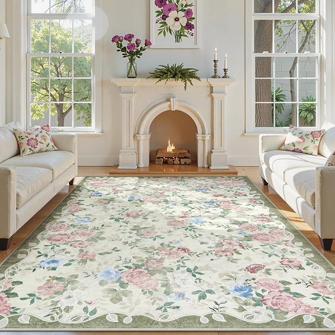 Lahome Vintage Floral Area Rugs 8x10,Large Rugs for Living Room Boho Area Rug Machine Washable, Low Pile Bedroom Rugs 8x10 Carpet for Office Rug Playroom Dining Room Nina（Cream/Green）