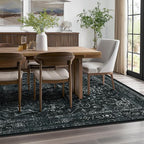 Distressed Black Rugs for Living Room 6x9, Low Pile Thin Area Rugs for Bedroom Manchine Washable Non Slip, Dark Medallion Pinted Carpet for Dining Room Guest Room Home Office