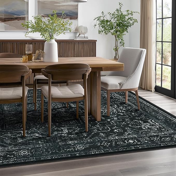 Distressed Black Rugs for Living Room 6x9, Low Pile Thin Area Rugs for Bedroom Manchine Washable Non Slip, Dark Medallion Pinted Carpet for Dining Room Guest Room Home Office