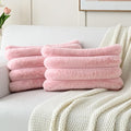 FUTEI Pink Decorative Throw Pillow Covers 12x20 Inch Set of 2, Square Soft Faux Rabbit Fur Thick Striped Lumbar Pillow Case,Spring Home Decor for Couch Bed Living Room