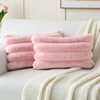 FUTEI Pink Decorative Throw Pillow Covers 12x20 Inch Set of 2, Square Soft Faux Rabbit Fur Thick Striped Lumbar Pillow Case,Spring Home Decor for Couch Bed Living Room