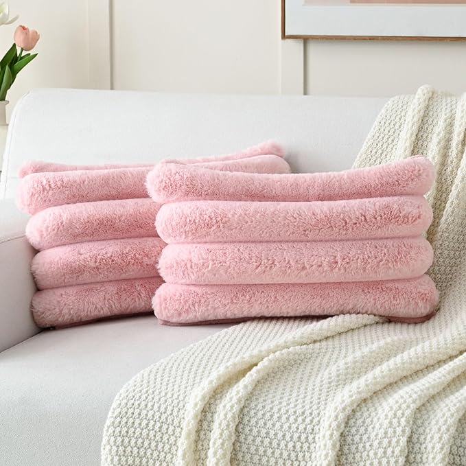 FUTEI Pink Decorative Throw Pillow Covers 12x20 Inch Set of 2, Square Soft Faux Rabbit Fur Thick Striped Lumbar Pillow Case,Spring Home Decor for Couch Bed Living Room