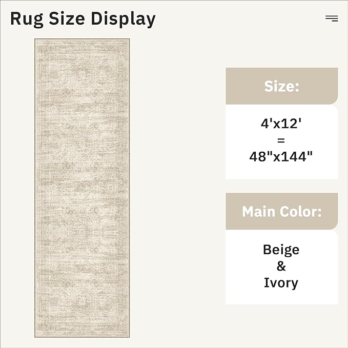 4x12 Wide Hallway Runners: Washable 12ft Runner Rug for Entryway Living Room Soft Vintage Non Slip Carpet Runner for Kitchen Dining Room Nursery Bedroom (Beige, 4x12ft)