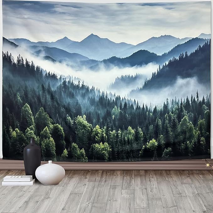 TUGCAY Misty Mountain Forest Tapestry Foggy Tree Tapestry Nature Scenery Landscape Wall Tapestries Aesthetic for Bedroom Living Room Dorm Office Decor 90 x 70 Inches