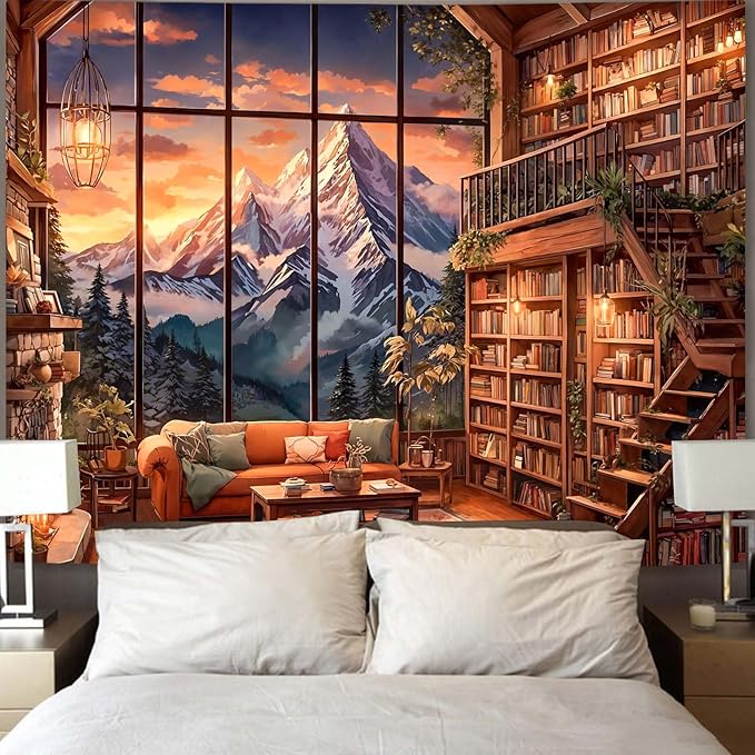 Accnicc Forest Mountain Library Tapestry Fantasy Bookshelf Tapestries Wall Hanging Vintage Watercolor Nature Fairy Library Backdrop Extra Large Tapestry for Bedroom Living Room Classroom 90 x 68 inch