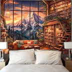 Accnicc Forest Mountain Library Tapestry Fantasy Bookshelf Tapestries Wall Hanging Vintage Watercolor Nature Fairy Library Backdrop Extra Large Tapestry for Bedroom Living Room Classroom 90 x 68 inch