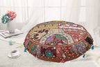 Round Ethnic Floor Cushions for Kids Dark Brown 32 Inch Patchwork Yoga Ottoman Stool Home Decor Embroidered Vintage Cotton Indian Floor Pillow Bed 32x32