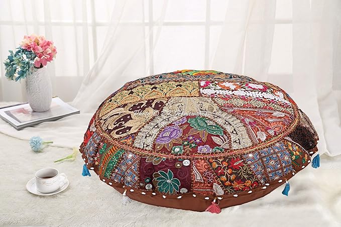 Round Ethnic Floor Cushions for Kids Dark Brown 32 Inch Patchwork Yoga Ottoman Stool Home Decor Embroidered Vintage Cotton Indian Floor Pillow Bed 32x32