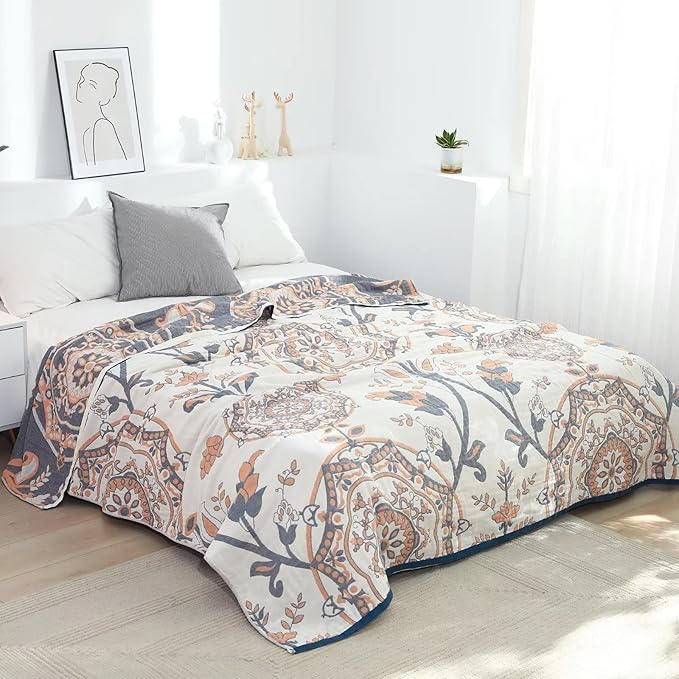 Boho Throw Blanket for Bed 100% Cotton Ultra Soft Rustic Quilt Floral Farmhouse Decor Bed Spring Blanket,80"x90" All Season Rustic Throw for Sofa Couch Chair