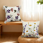 Floral Embroidered Pillow Covers 18x18 Inch Set of 1, White Daisy Decorative Throw Pillow Covers with Tassels, Spring Farmhouse Purple Flowers Cushion case for Couch Sofa Bed Living Room