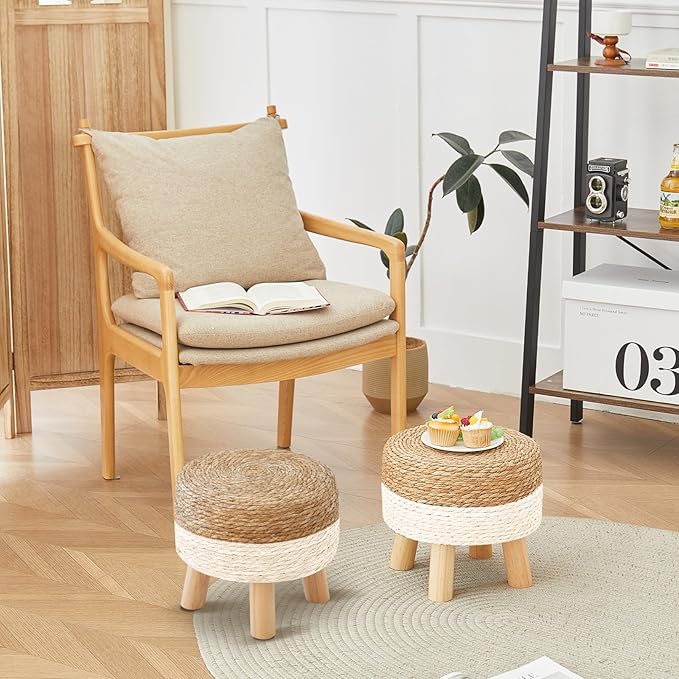 Round Ottoman, Natural Seagrass Footstool with 4 Wood Legs, Multifunctional Modern Dressing Stool and Sofa Side Table for Bedroom (White)
