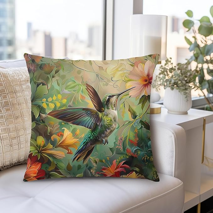 Vintage William Morris Hummingbird Pillow Cover 18x18,Rustic Green Hummingbird Bird Animal Floral Botanical Print Decorative Throw Pillow Covers for Home Bedroom Living Room
