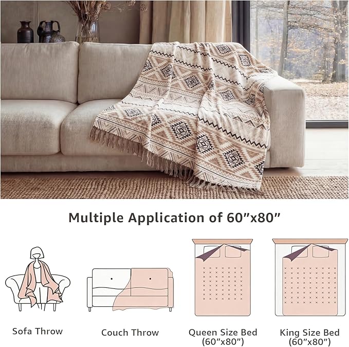 CASAAGUSTO Boho Throw Blanket - Brown White Decorative Blankets with Tassel, Printed Flannel Bohemian Blanket for Chair, Bed, Sofa, Couch(50 * 60, Brown White)