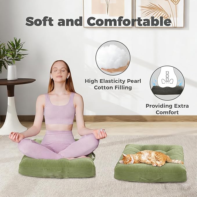 Floor Cushion Green Portable Chair Pads with Handle 2 Pack, 18x18 Inch Tufted Velvet Square Floor Cushions, Comfortable Seats for Kitchen Bar Stools & Patio