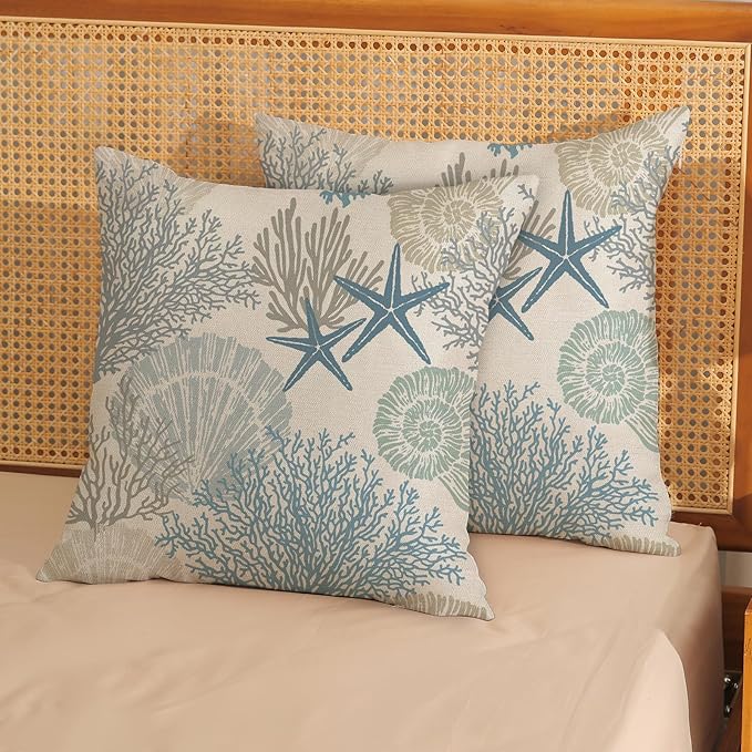 Nautical Coastal Pillow Covers 18x18 Set of 2 Blue Beach Themed Ocean Seashell Coral Starfish Throw Pillows Summer Outdoor Decorative Pillow Cases Linen Cushion Case for Home Bedroom Decor