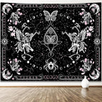 KJHL Skull Butterfly Floral Tapestry Black and White Gothic Skeleton Tapestry Wall Hanging Decor Pink Constellation Witchy Tapestries Aesthetic for Bedroom Living Room(59ʺ x 79ʺ)
