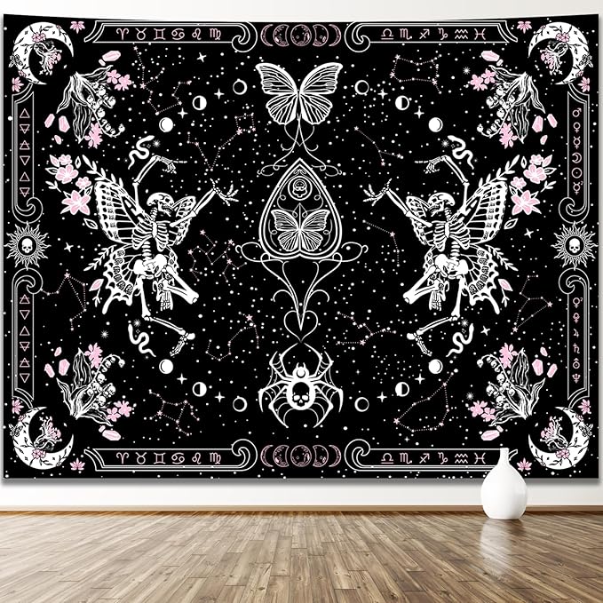 KJHL Skull Butterfly Floral Tapestry Black and White Gothic Skeleton Tapestry Wall Hanging Decor Pink Constellation Witchy Tapestries Aesthetic for Bedroom Living Room(59ʺ x 79ʺ)